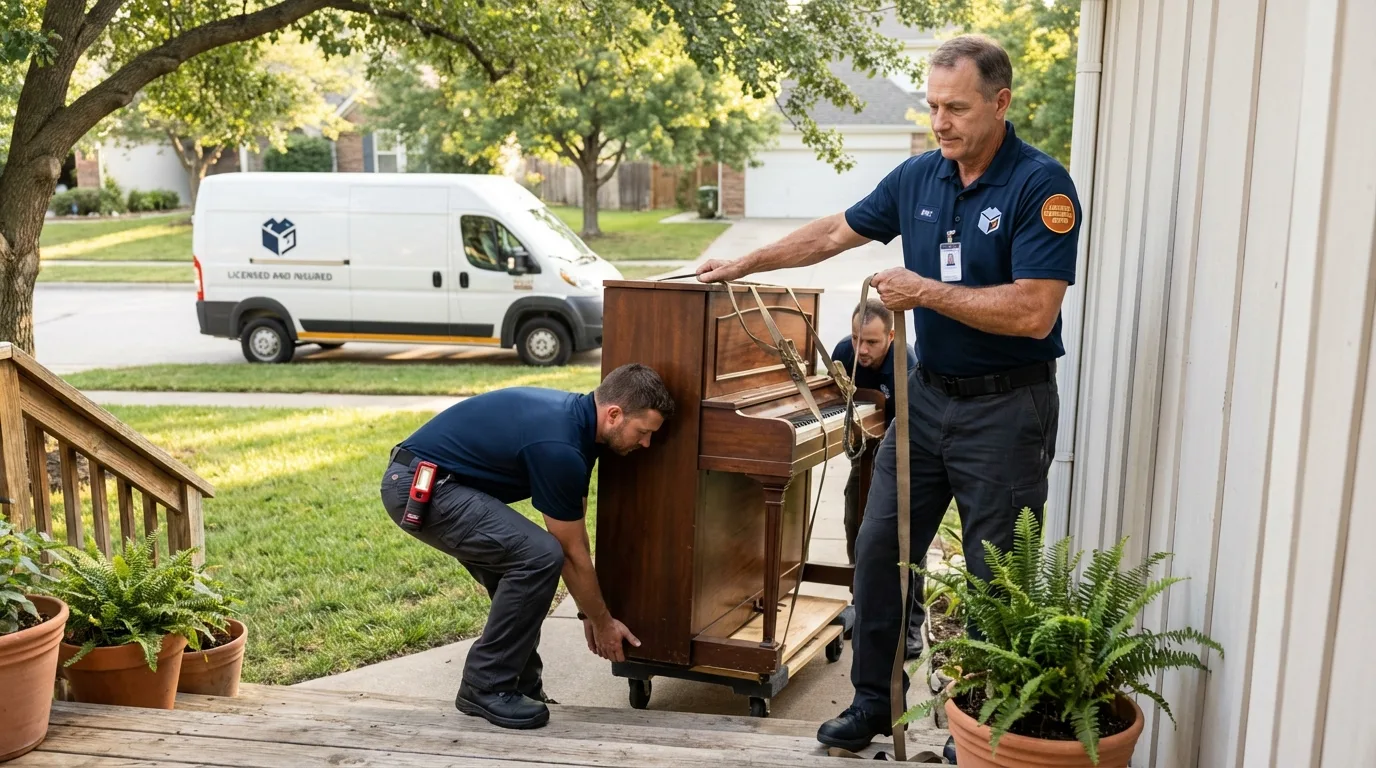 Licensed piano movers securing grand piano in Port Richey, FL