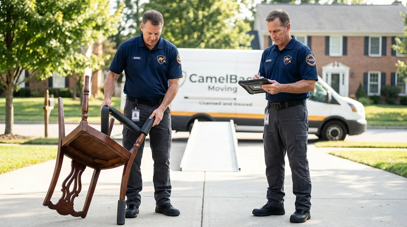 Movers inspecting furniture for damage prevention before loading in Port Richey, FL