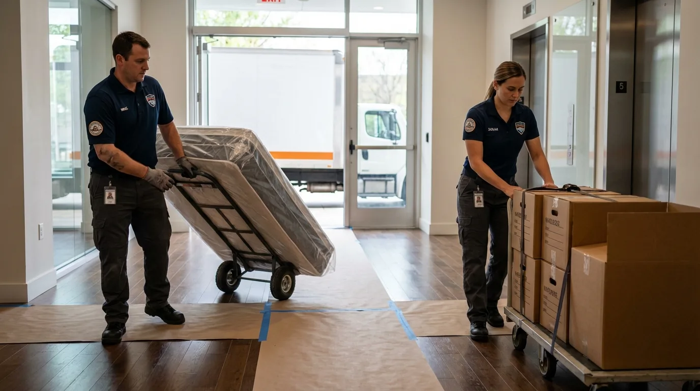 Professional apartment movers loading elevator in Port Richey, FL