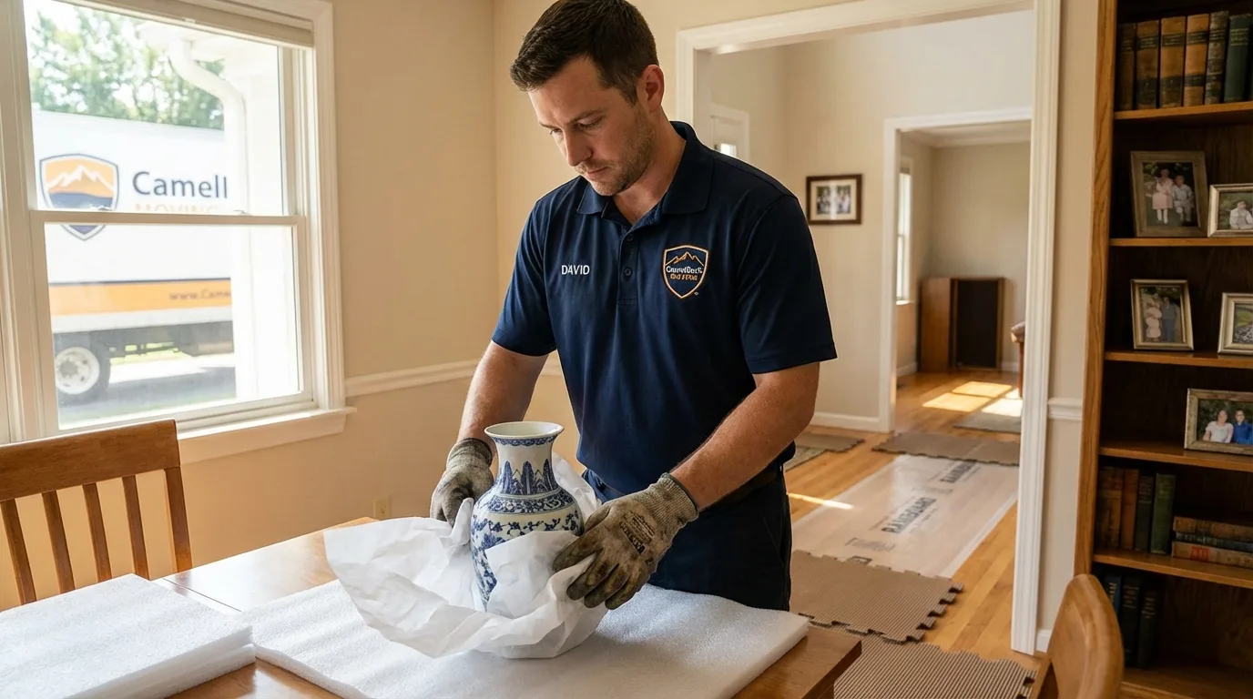 Professional crew carefully wrapping antique vase for senior downsizing move in Port Richey, FL